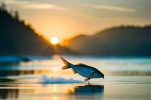 un pescado es saltando fuera de el agua a puesta de sol. generado por ai foto