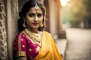 a beautiful indian woman in a yellow sari. AI-Generated photo