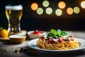 spaghetti with tomato, basil and mozzarella on a plate. AI-Generated photo