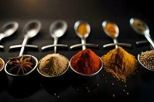 spoons with different spices in them. AI-Generated photo