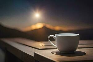 café taza en un de madera mesa con montañas en el antecedentes. generado por ai foto