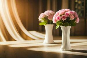 two vases with pink roses sitting on a wooden floor. AI-Generated photo