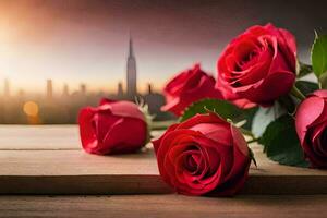 roses on a table with a city in the background. AI-Generated photo