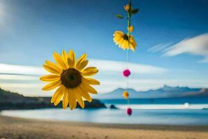 sunflower hanging from a beach with blue sky and mountains in the background. AI-Generated photo