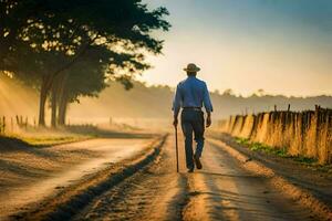 a man walking down a dirt road at sunrise. AI-Generated photo