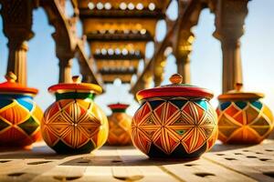 colorful pots on a wooden table. AI-Generated photo