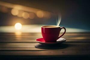 a cup of coffee on a wooden table. AI-Generated photo