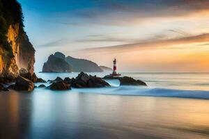 un faro soportes en el apuntalar de un rocoso playa a puesta de sol. generado por ai foto