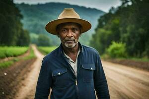 a man in a hat standing on a dirt road. AI-Generated photo