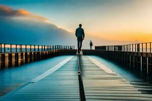a man walking on a pier at sunset. AI-Generated photo