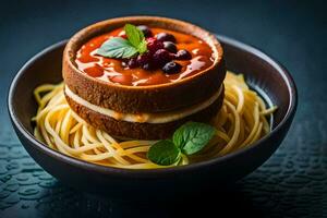 a plate of spaghetti with tomato sauce and basil leaves. AI-Generated photo