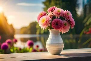 pink flowers in a vase on a table near a lake. AI-Generated photo