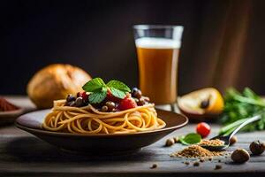 espaguetis con frijoles y Tomates en un de madera mesa. generado por ai foto