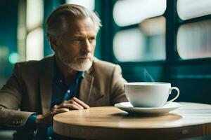an older man sitting at a table with a cup of coffee. AI-Generated photo