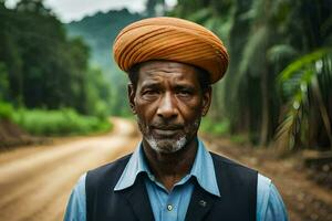 a man wearing a turban on a dirt road. AI-Generated photo