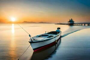 a boat is docked at the shore of a lake at sunset. AI-Generated photo