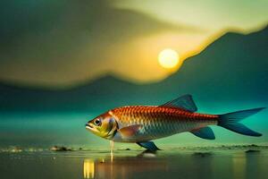 un pescado es en pie en el agua con un puesta de sol en el antecedentes. generado por ai foto