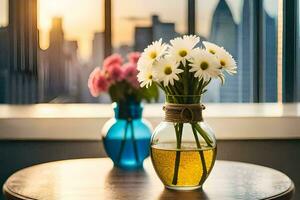 two vases with flowers on a table in front of a cityscape. AI-Generated photo