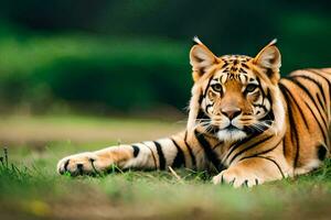 a tiger laying on the grass in the wild. AI-Generated photo