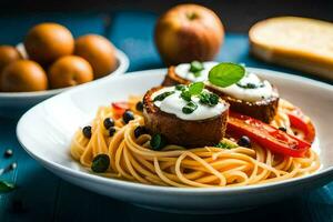 spaghetti with meatballs and tomatoes on a plate. AI-Generated photo