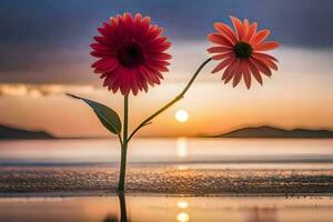 two flowers are standing on the beach at sunset. AI-Generated photo