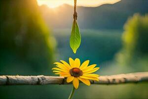 a yellow flower is hanging from a branch. AI-Generated photo