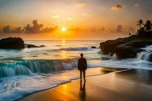 un hombre soportes en el playa a puesta de sol. generado por ai foto
