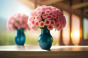 pink roses in a blue vase on a table. AI-Generated photo