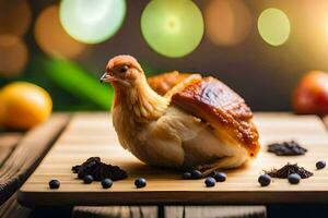 un pollo es sentado en un de madera corte tablero. generado por ai foto