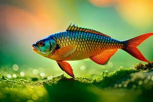 a colorful fish is standing on the grass. AI-Generated photo