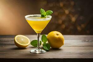 a cocktail with lemon and mint on a wooden table. AI-Generated photo