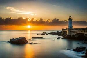 a lighthouse at sunset with rocks and water. AI-Generated photo