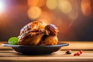 pollo en un plato con un bokeh antecedentes. generado por ai foto