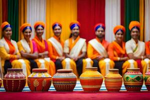 a group of people in colorful turbans sitting around a table with colorful pots. AI-Generated photo