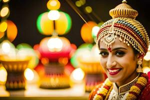 a beautiful indian bride smiling in front of a lit up background. AI-Generated photo