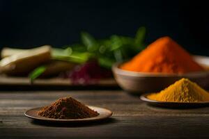 spices and spices on a wooden table. AI-Generated photo