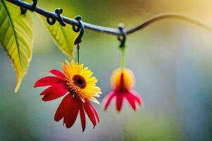 two red flowers hanging from a branch. AI-Generated photo