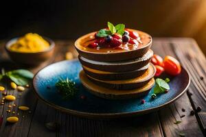 a stack of pancakes topped with fruit and spices. AI-Generated photo