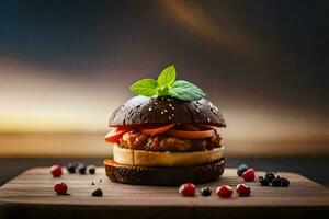 un hamburguesa con Tomates y albahaca en cima. generado por ai foto