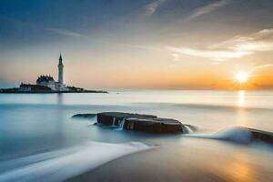 el Dom conjuntos terminado un faro en el océano. generado por ai foto