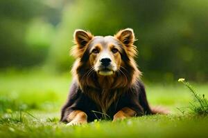 un perro sentado en el césped con un borroso antecedentes. generado por ai foto