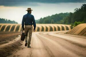 un hombre en un sombrero camina abajo un suciedad la carretera. generado por ai foto