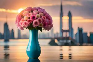 a vase with pink roses on a table in front of a city skyline. AI-Generated photo