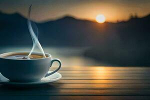 un taza de café en un de madera mesa con un hermosa puesta de sol en el antecedentes. generado por ai foto