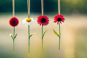 four flowers hanging from strings in front of a lake. AI-Generated photo