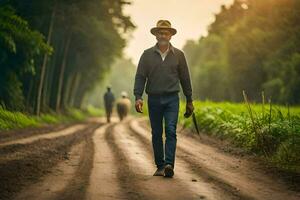 un hombre caminando abajo un suciedad la carretera con un sombrero en. generado por ai foto