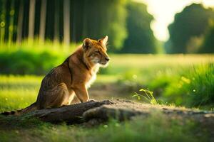 un perro sentado en un Iniciar sesión en el medio de un campo. generado por ai foto