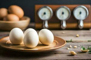 eggs on a plate with a clock and a bowl of herbs. AI-Generated photo