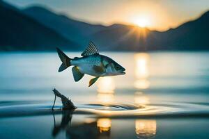 un pescado saltando fuera de el agua a puesta de sol. generado por ai foto