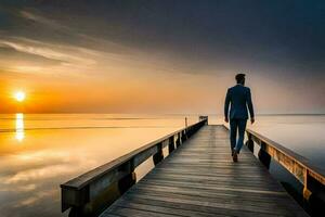 un hombre en un traje camina en un muelle a puesta de sol. generado por ai foto